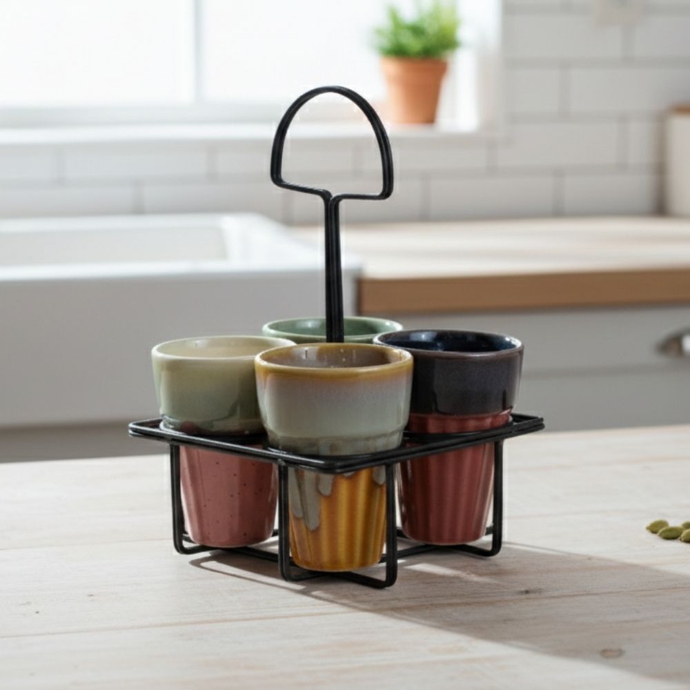 stylish multicolor ceramic karak tea mugs set of 4 with stand for tea coffee serving